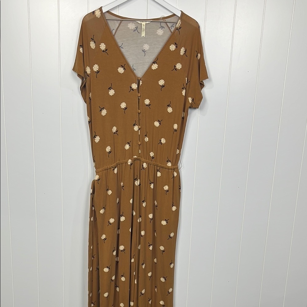 Matilda Jane Womens Jumpsuit M Caramel Off White Daisy Pattern Stretch Wide Leg